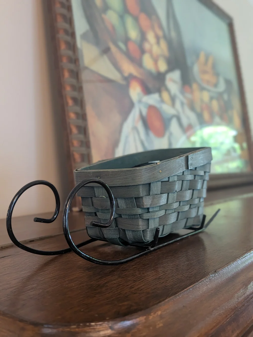 Woven Wood Sleigh Basket Black Metal Runners Holiday Decor